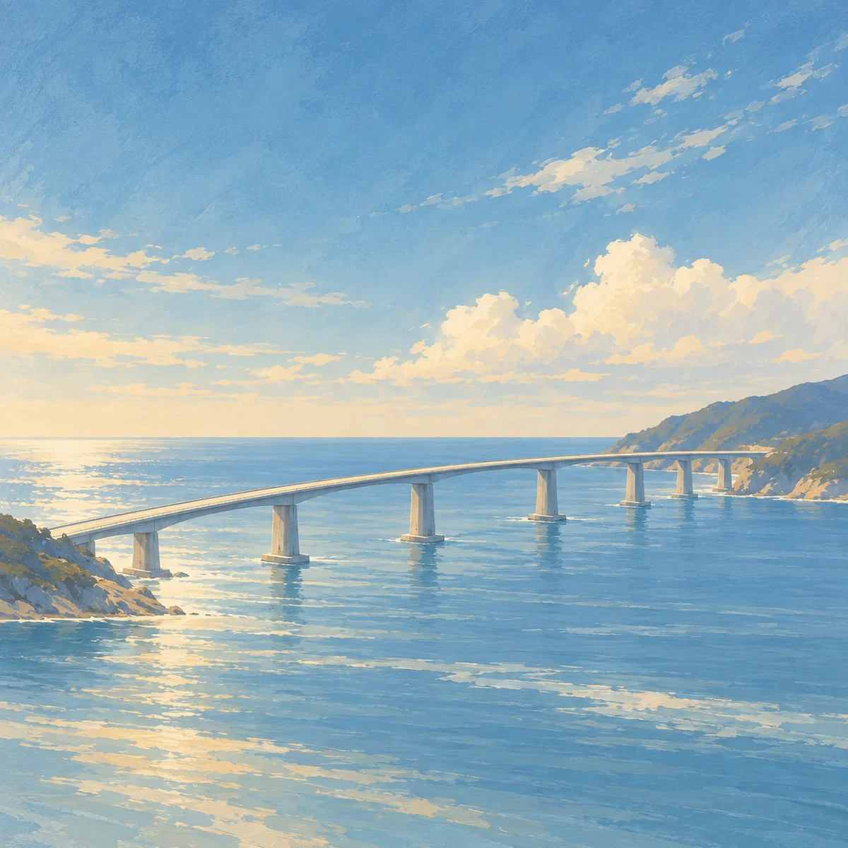 Conceptual painting of a concrete bridge connecting two shores across a blue coastal estuary.