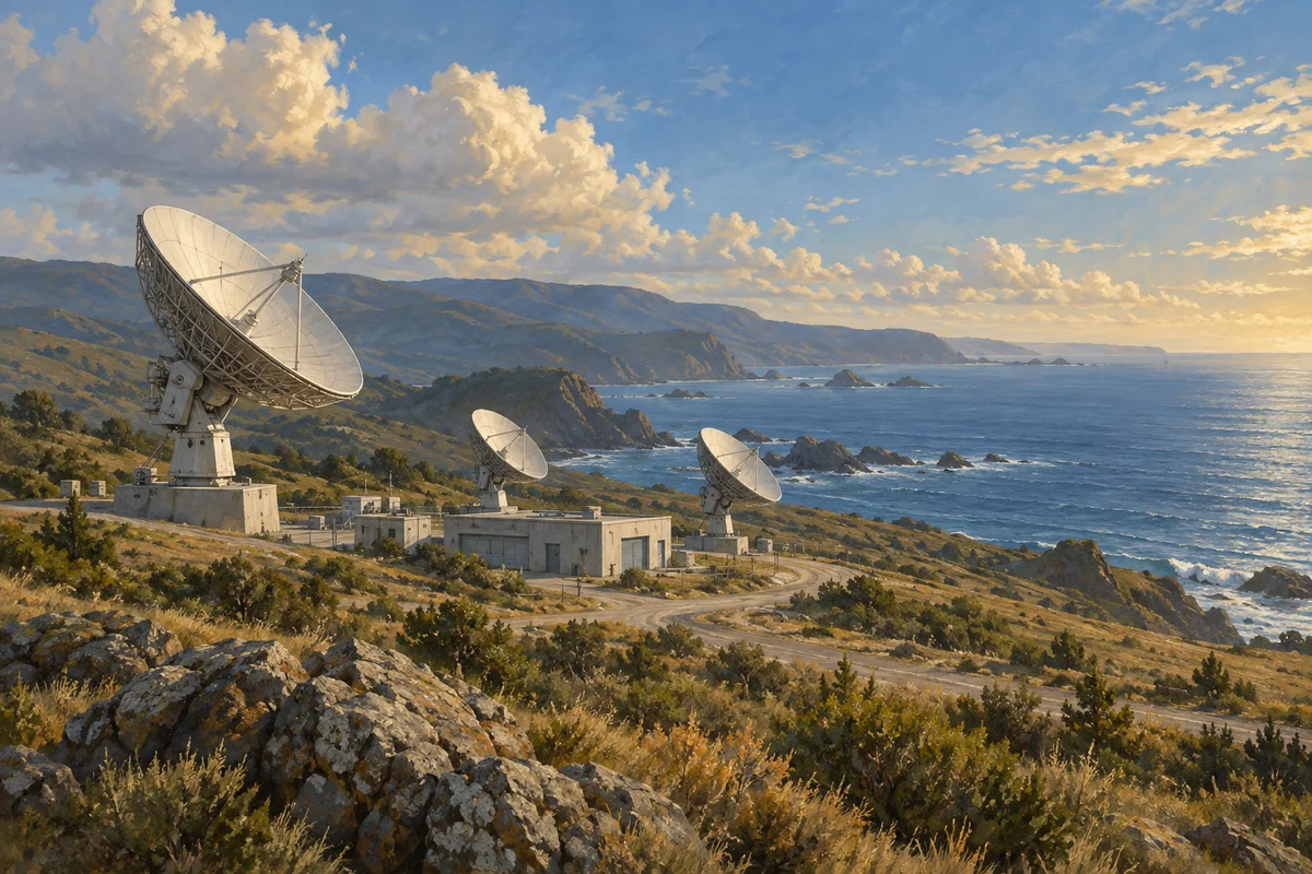 Conceptual painting of a ground communications station operating in a remote coastal landscape.