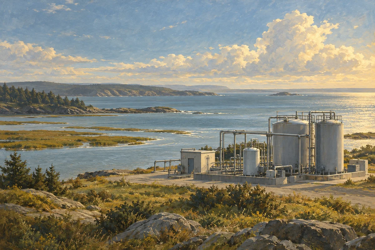Conceptual painting of an industrial water-treatment installation beside a coastal estuary.